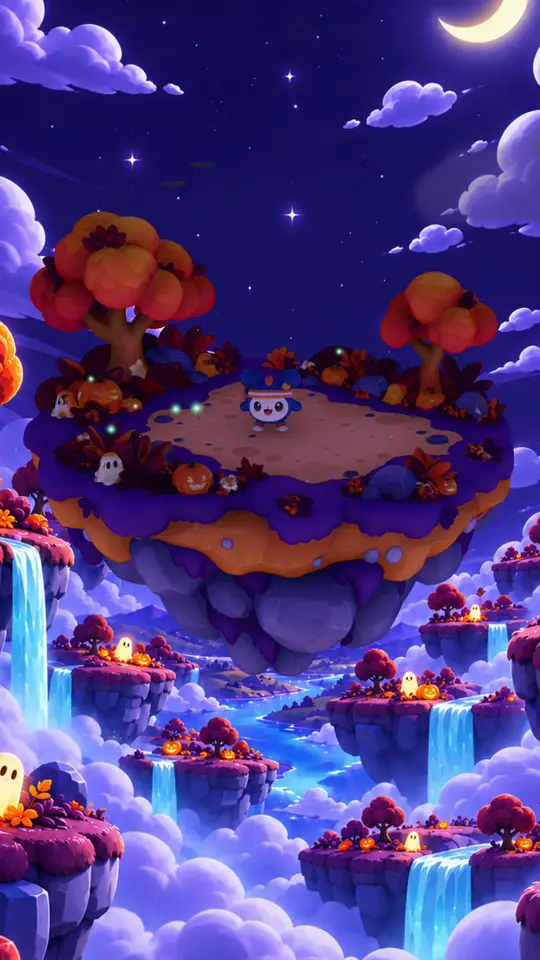The Halloween island at night, with a crescent moon and glowing pumpkins