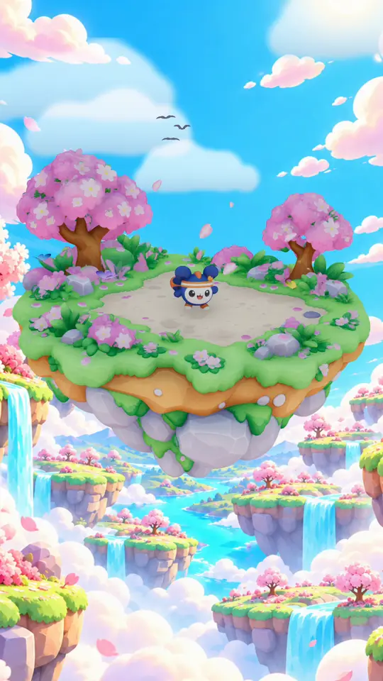 The Sakura island under a blue sky with blooming cherry trees
