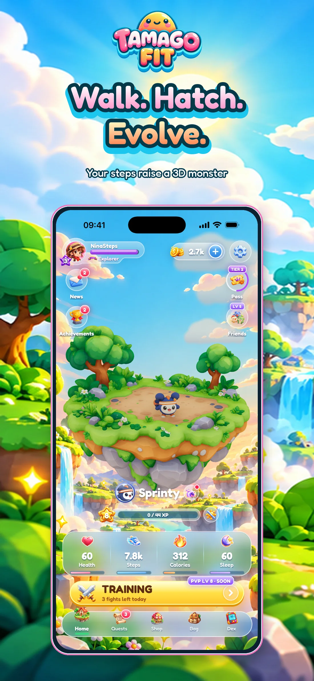 TamagoFit home screen: Sprinty on its floating island. Walk. Hatch. Evolve.